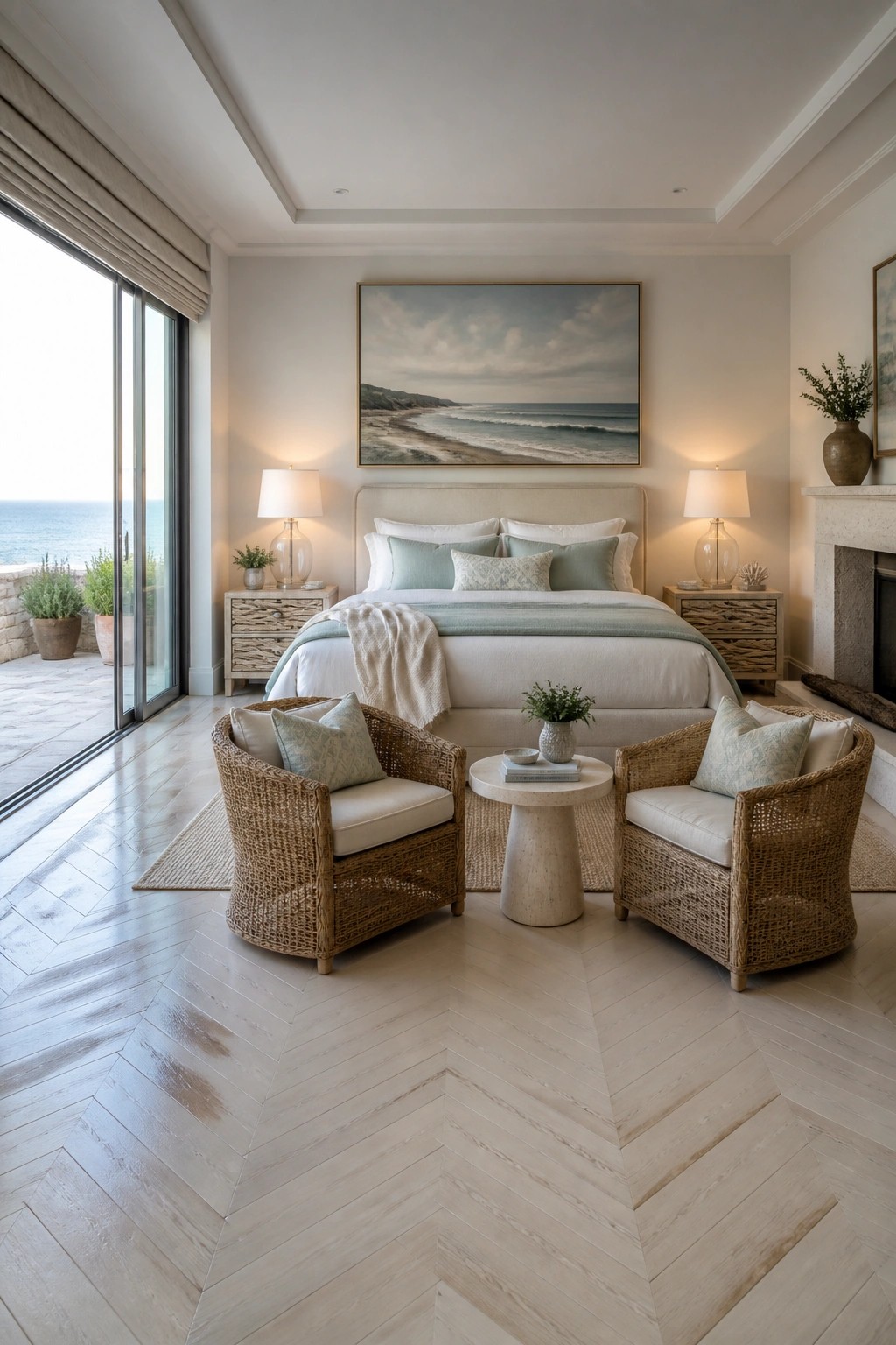 A light-colored master bedroom with a large bed centered under artwork, flanked by matching nightstands and lamps, and two identical woven armchairs placed symmetrically in front.