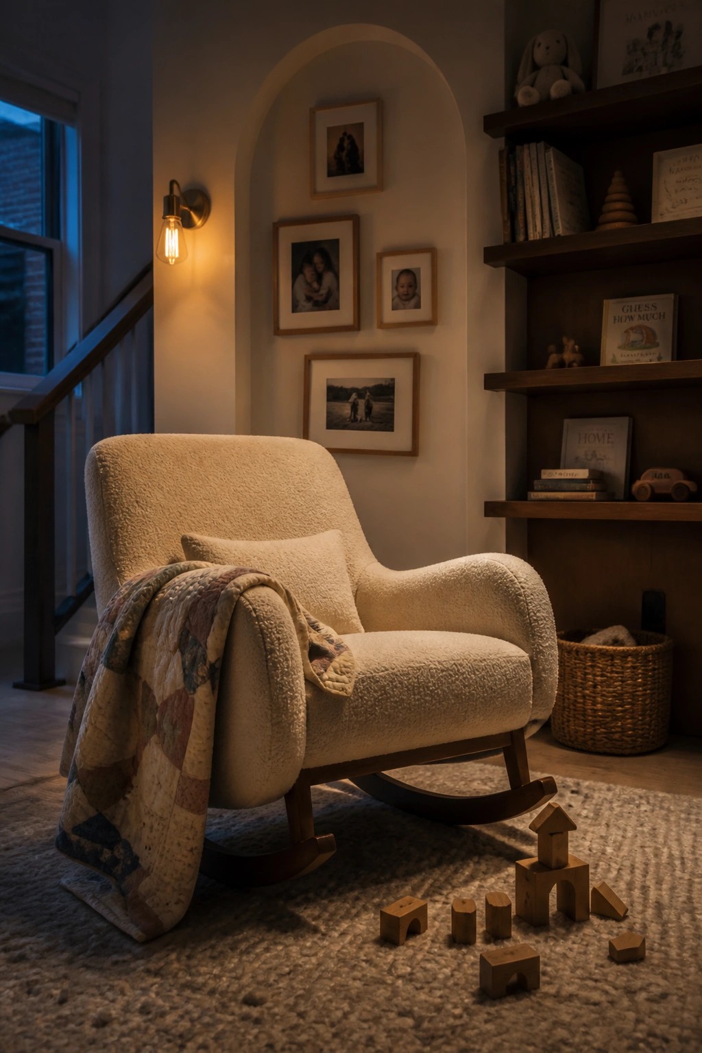 A cream bouclé rocking chair with a patchwork blanket on one arm sits on a rug surrounded by wooden blocks, framed photos on the wall, and wooden shelves holding books and toys.