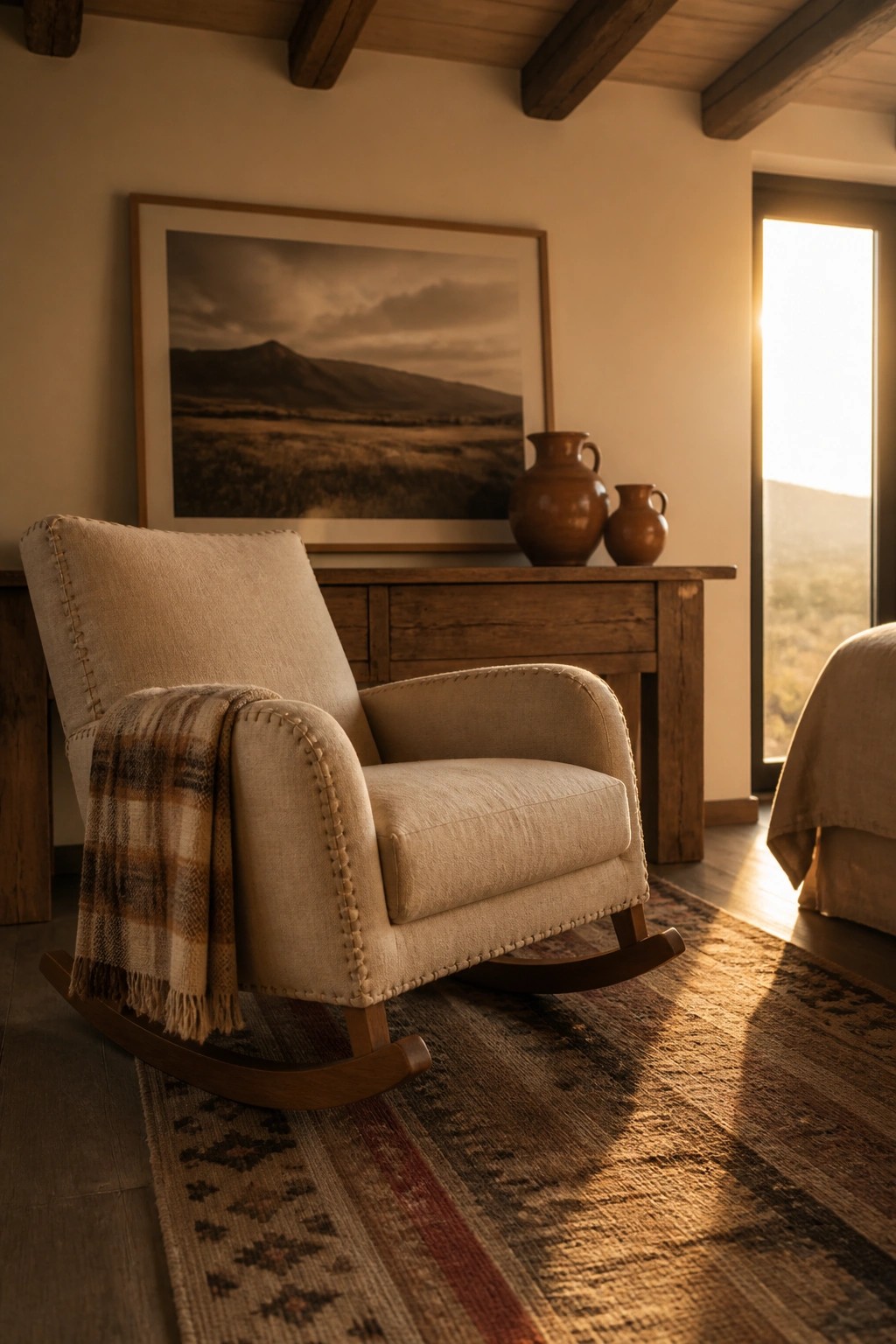 A beige upholstered rocking chair with a plaid throw blanket sits on a patterned rug in a room with wooden furniture and a large framed landscape photo on the wall.