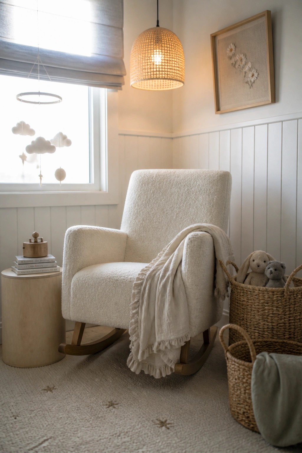 A white upholstered rocking chair with a draped blanket sits in a light-colored room next to a window with a mobile and a woven pendant light overhead.