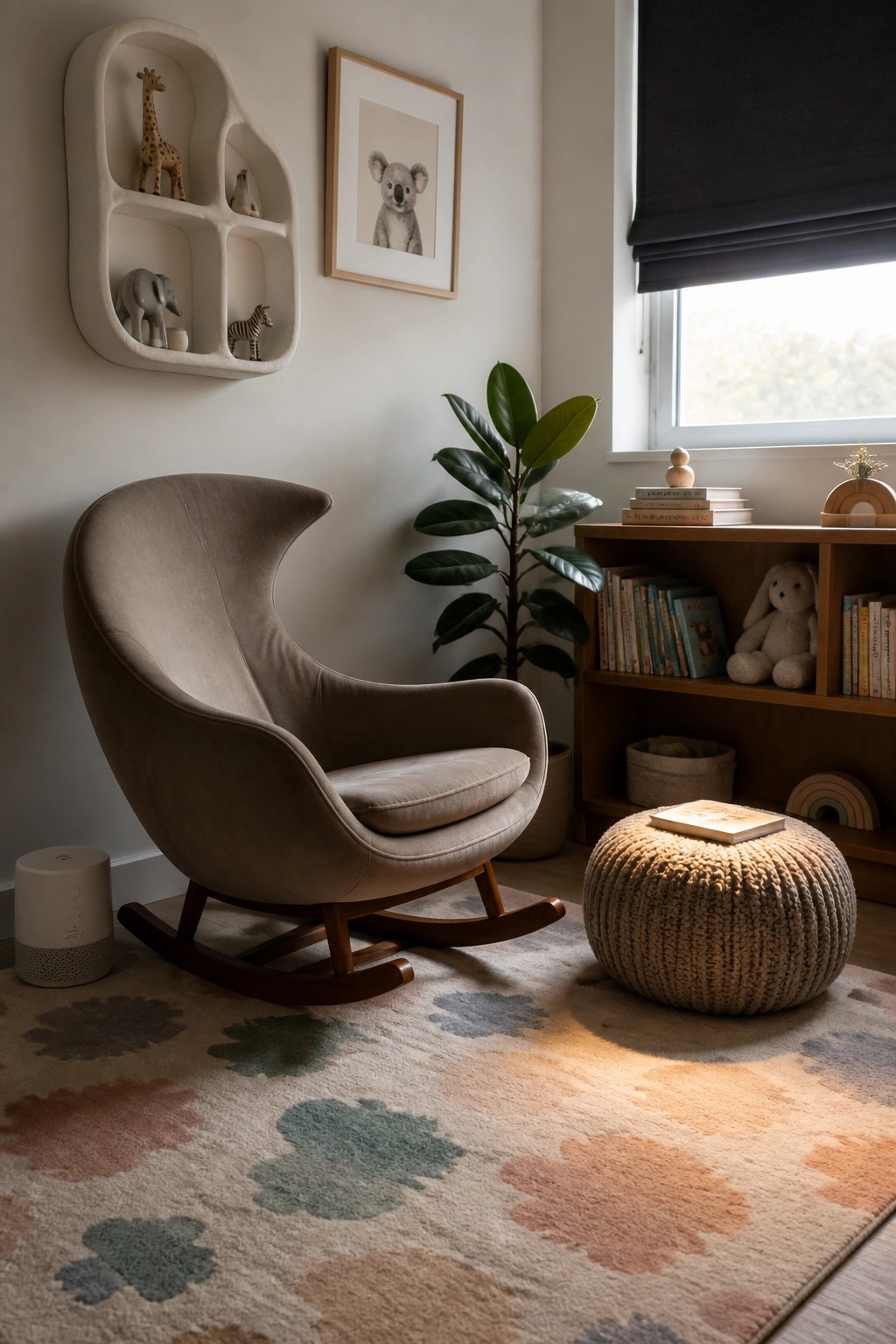 A beige upholstered rocking chair with a curved back and wooden base sits on a patterned rug beside a round knitted pouf in a room with a low bookshelf and wall shelves holding toys.