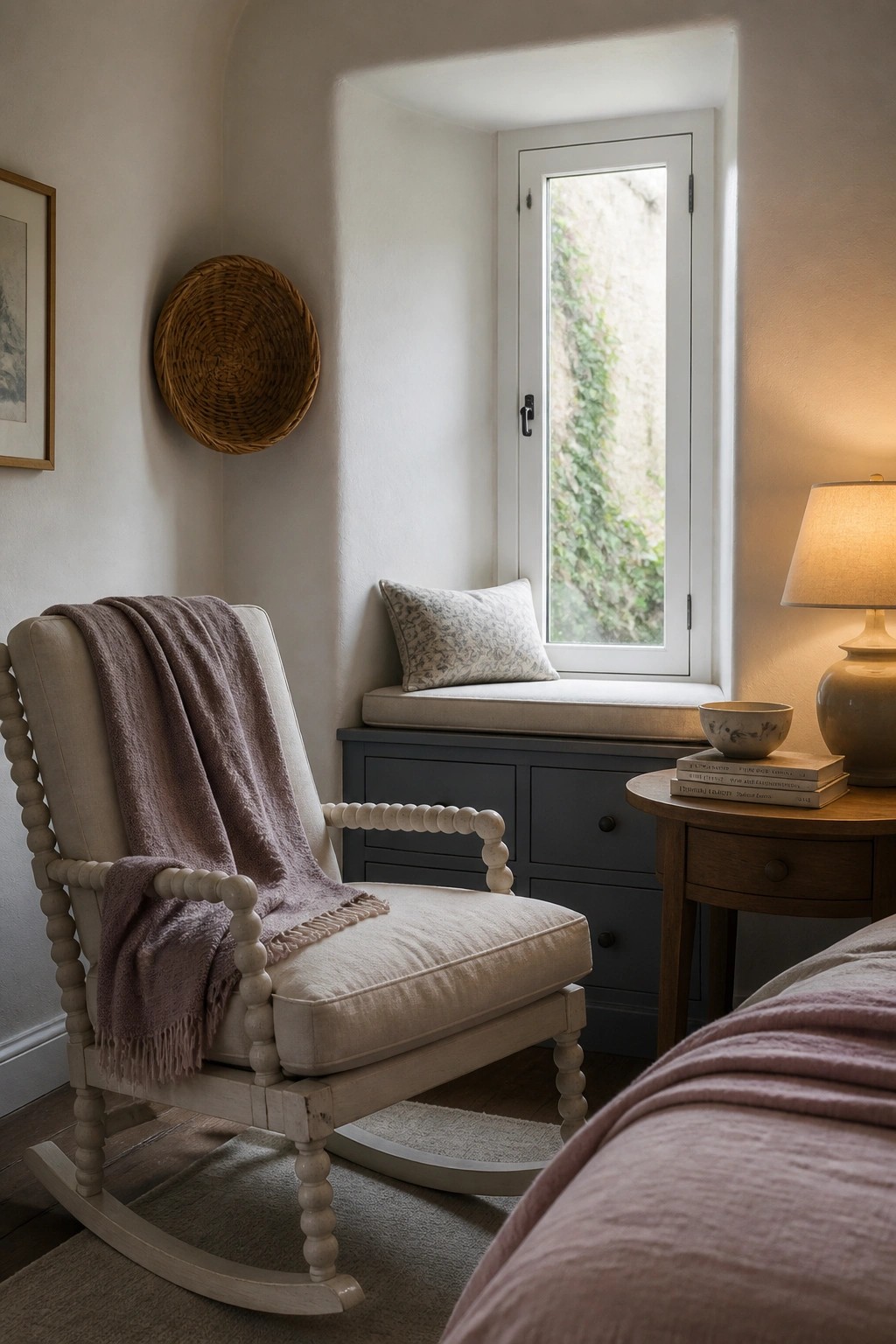 A light-colored upholstered rocking chair with a draped throw blanket sits beside a window with a built-in cushioned seat below.