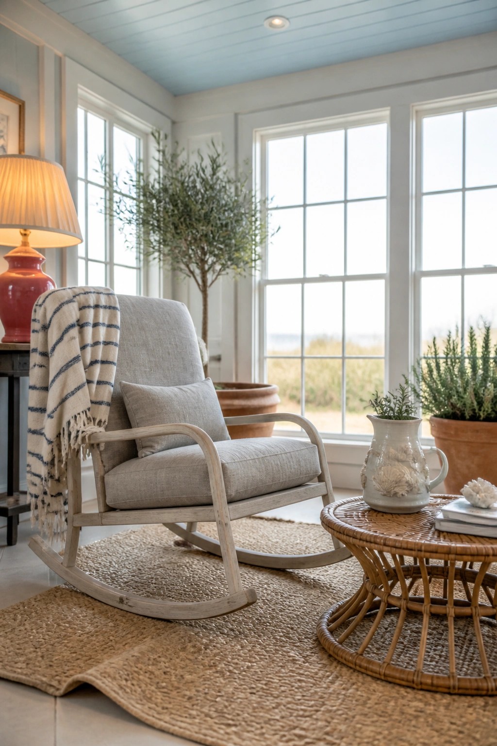 A light gray upholstered rocking chair with a striped throw sits on a woven rug beside a round wicker table in a room with large windows.