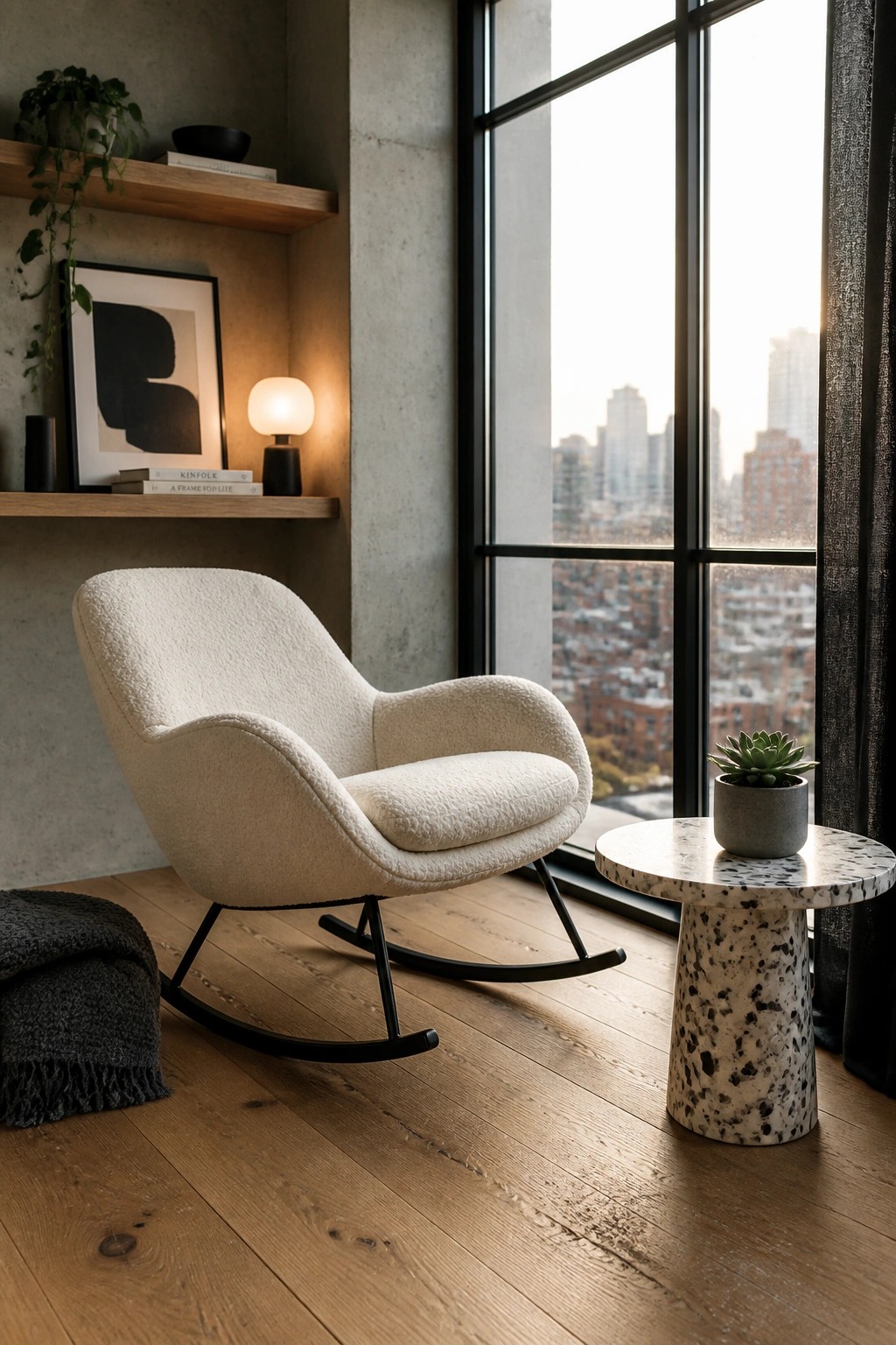 A cream bouclé upholstered rocking chair with black legs sits on light wood flooring beside a large window with a city view.