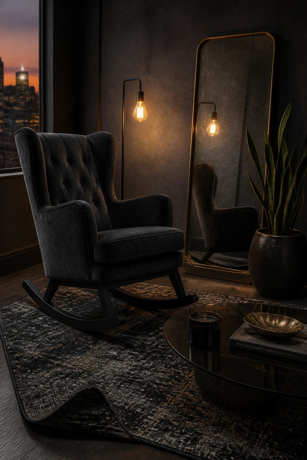 A dark tufted velvet rocking chair sits on a patterned rug in a dimly lit room with a tall mirror and potted plant nearby.