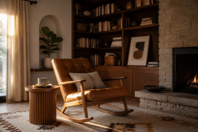 23 Luxe Upholstered Rocking Chair Ideas Built for Cozy Comfort A brown leather upholstered rocking chair sits on a patterned rug in front of wooden built-in bookshelves next to a stone fireplace.