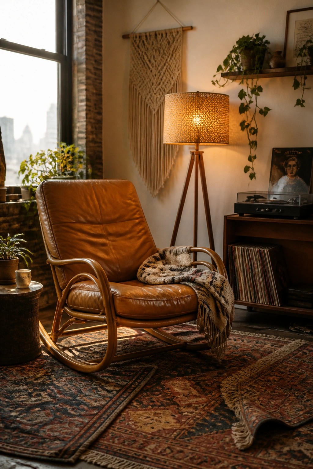 A brown leather rocking chair with a wooden frame sits on layered patterned rugs beneath a lit tripod floor lamp.