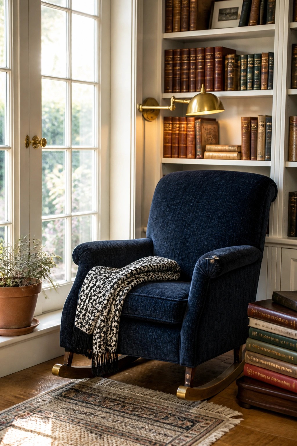 A dark blue upholstered rocking chair with a black and white throw blanket sits on a rug in front of white built-in bookshelves beside a window.