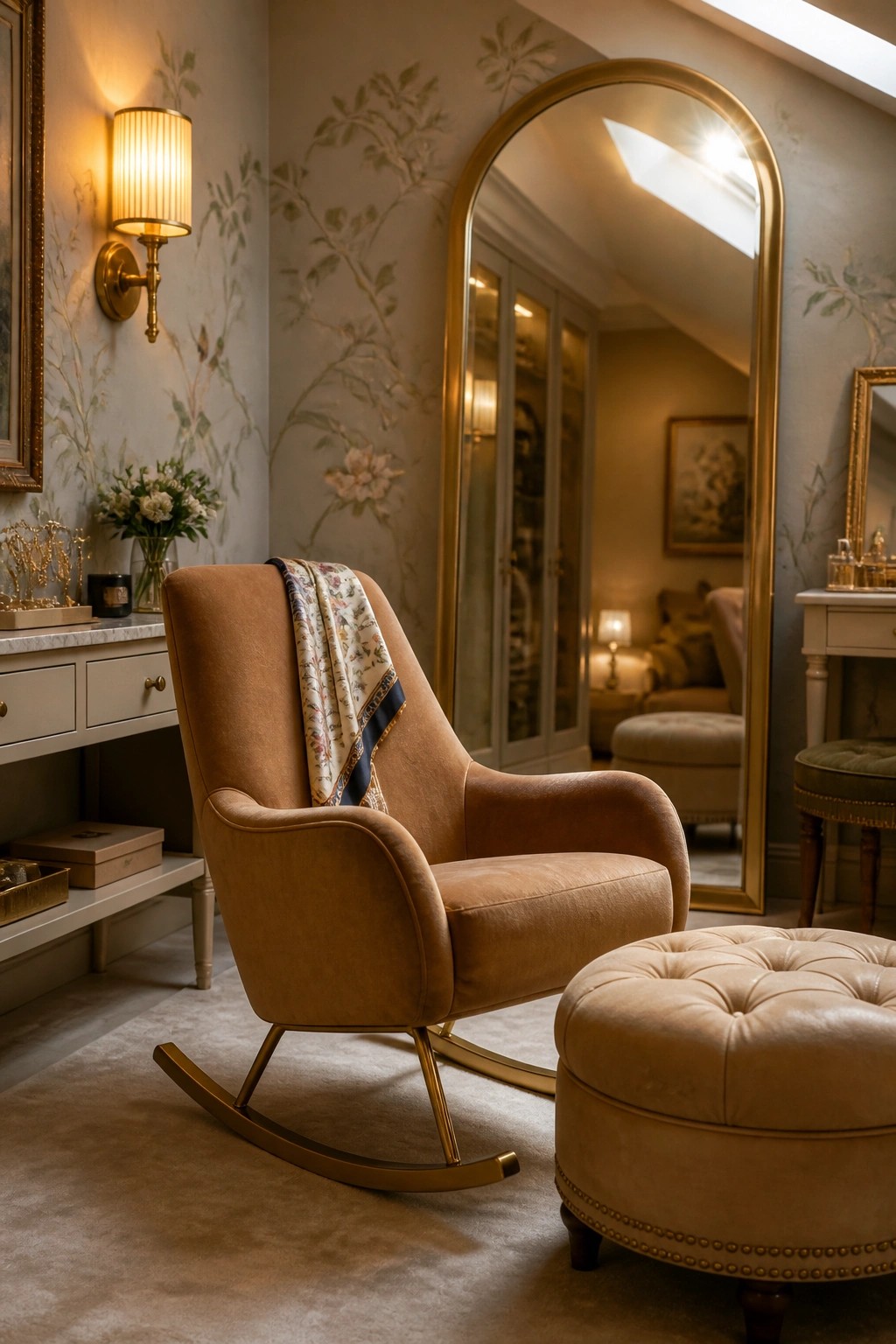 A brown upholstered rocking chair with a patterned throw sits beside a tufted ottoman in a bedroom with floral wallpaper and a large gold-framed mirror.