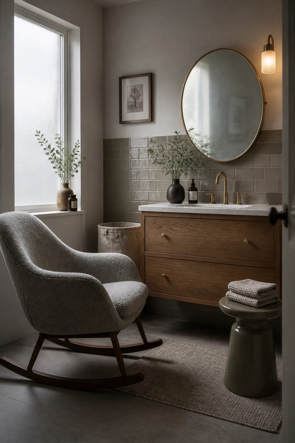 A bathroom interior with a gray upholstered rocking chair near a window, a wooden vanity with round mirror, and a small stool holding folded towels.