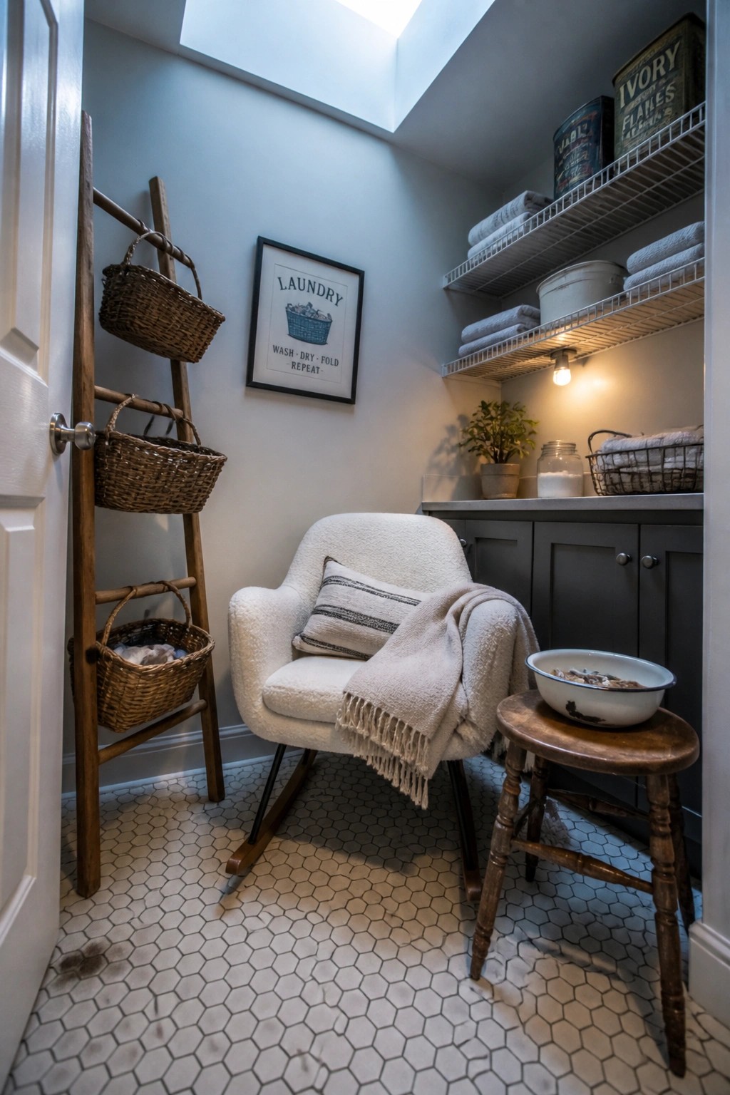 A laundry room with a white upholstered rocking chair, wooden ladder holding baskets, wire shelves with towels, and a small wooden stool.