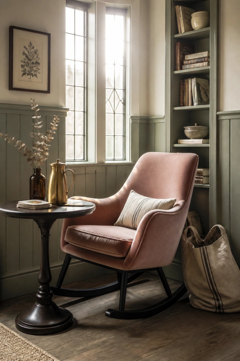 A pink upholstered rocking chair next to a small table and built-in bookshelves in a room with a window.