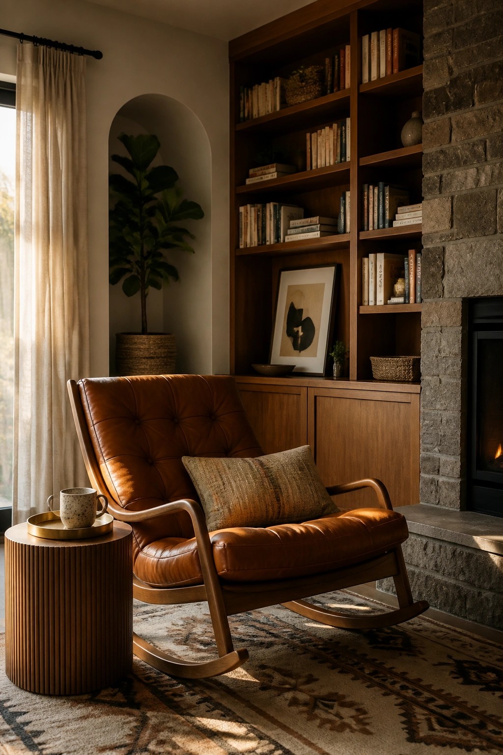 A brown leather upholstered rocking chair sits on a patterned rug in front of wooden built-in bookshelves next to a stone fireplace.