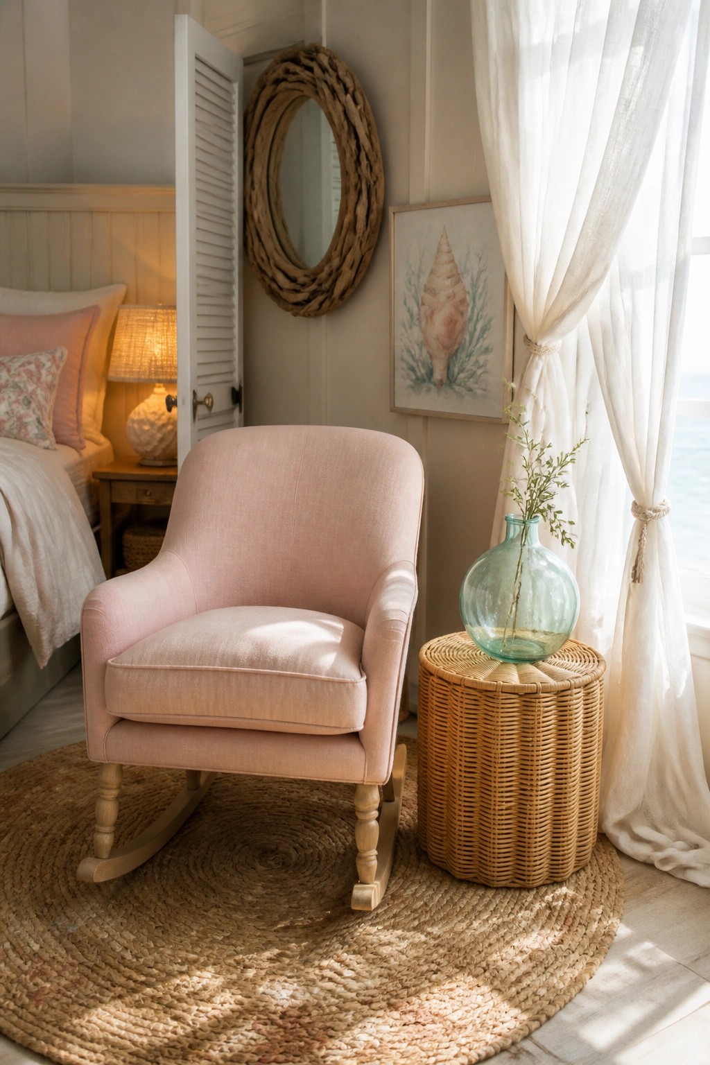 A pink upholstered rocking chair on a round woven rug beside a wicker side table with a glass vase in a bedroom corner.