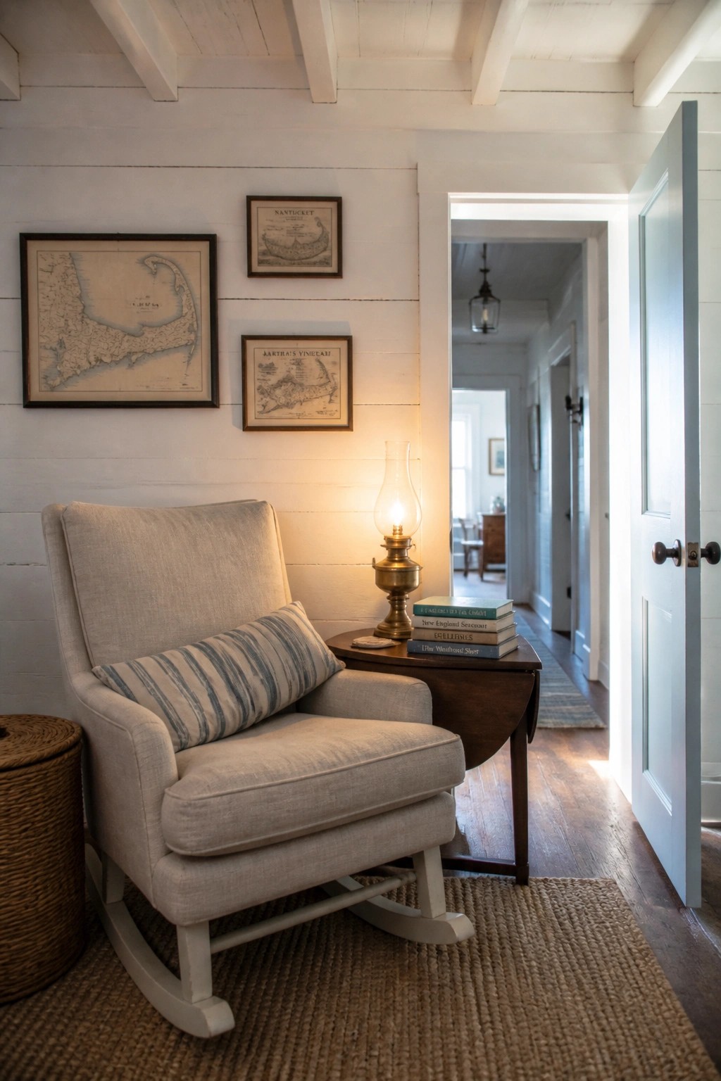 A light-colored upholstered rocking chair with a striped pillow next to a wooden side table holding an oil lamp and stacked books in a white room with framed maps on the wall.