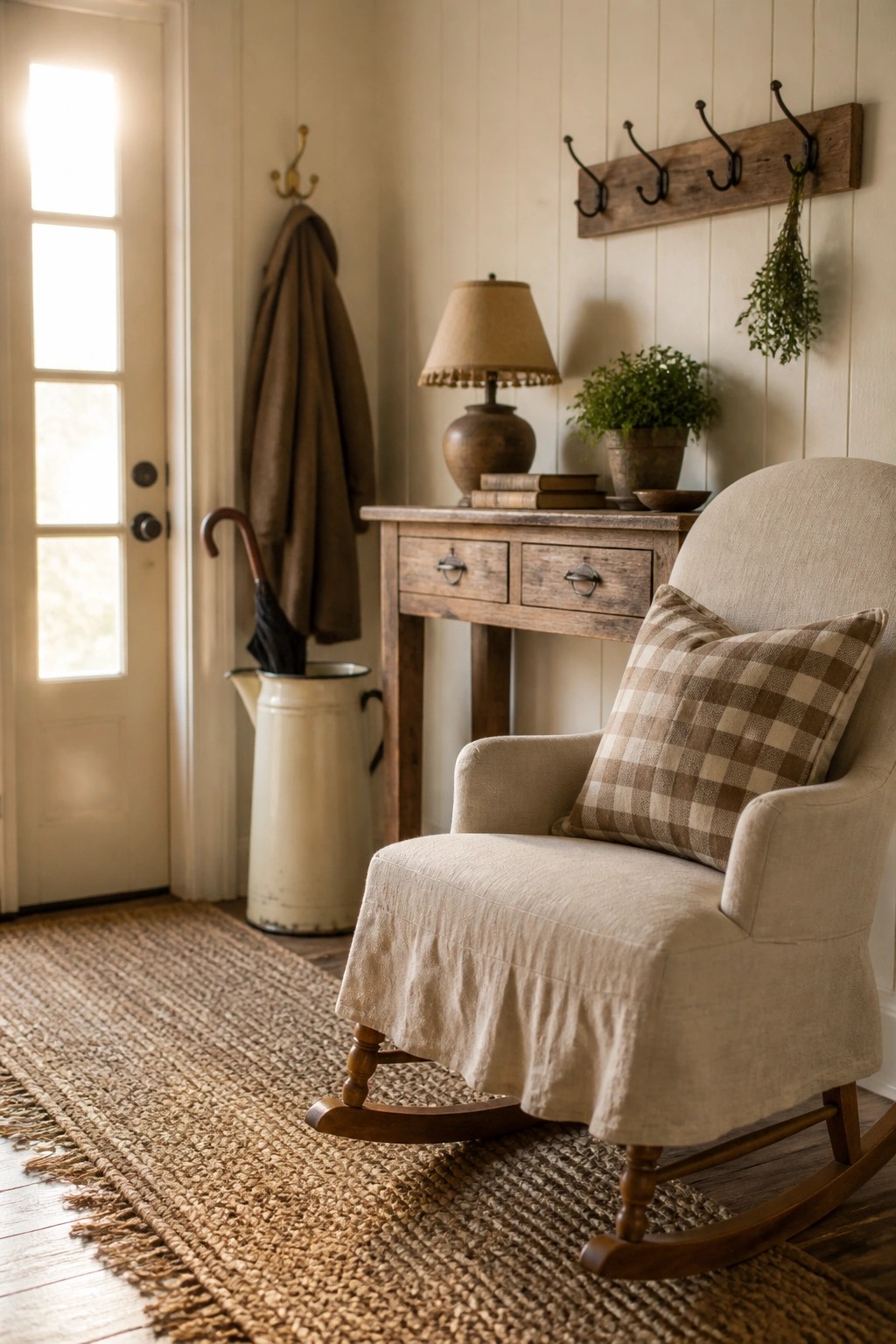 Cozy farmhouse entryway with beige rocking chair, wooden table, coat hooks, and jute rug.