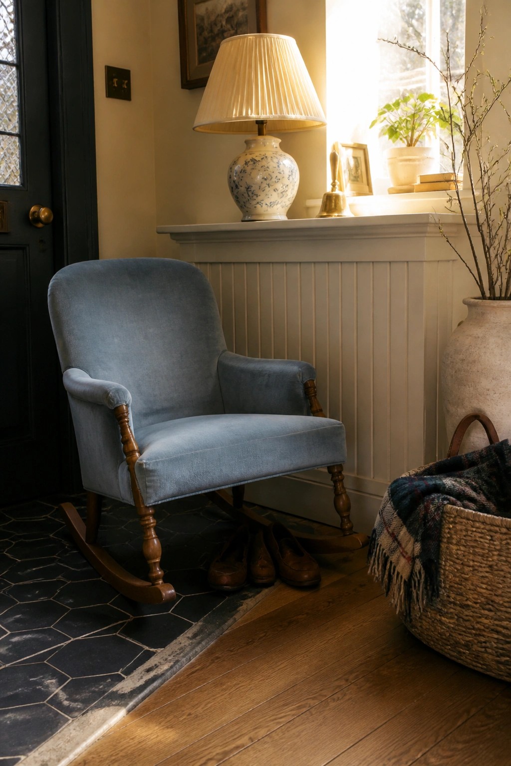 A blue upholstered rocking chair with wood legs sits on a wood floor beside a window sill with a lamp and basket nearby.
