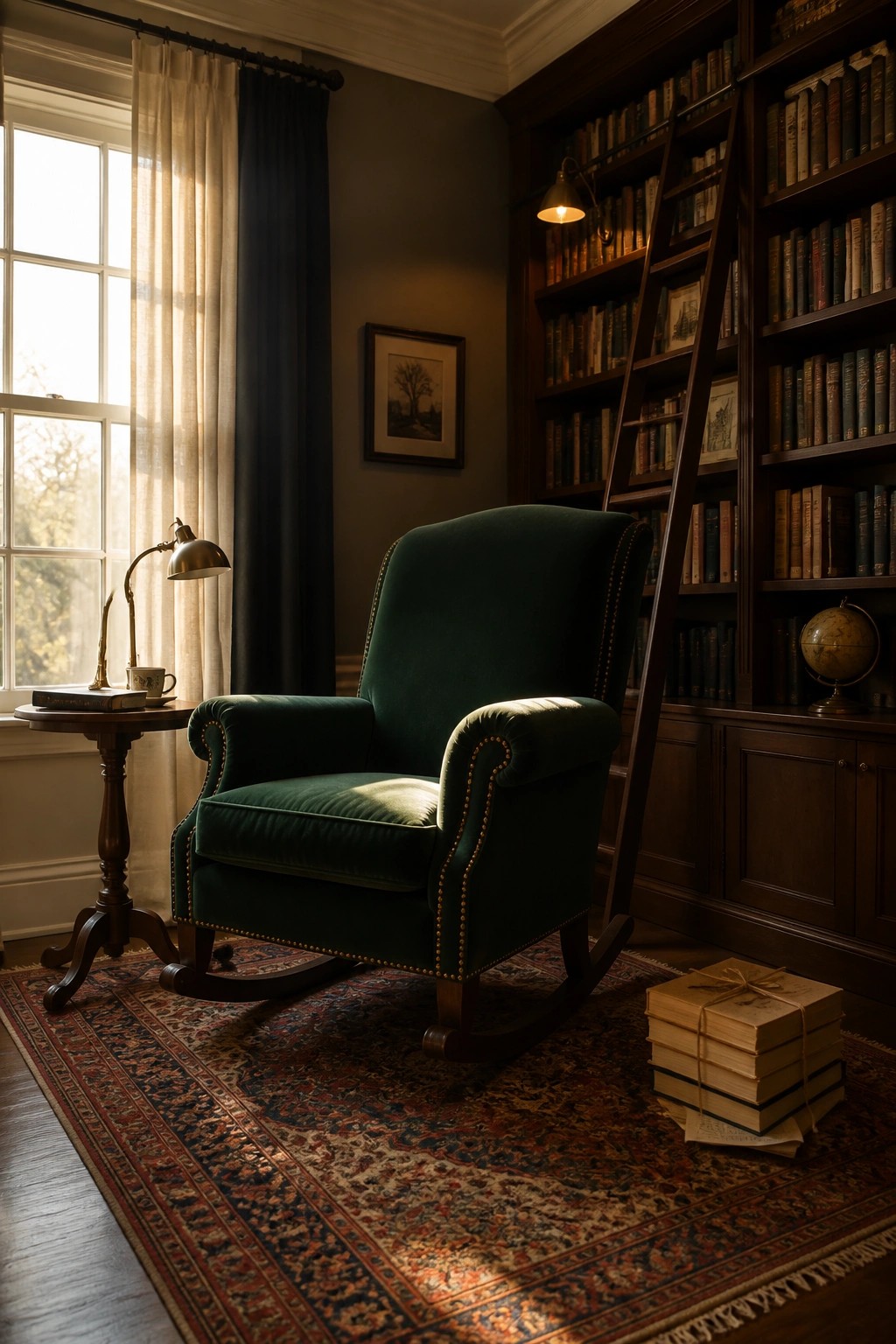 A dark green velvet upholstered rocking chair with nailhead trim sits on a patterned rug in front of wooden bookshelves.
