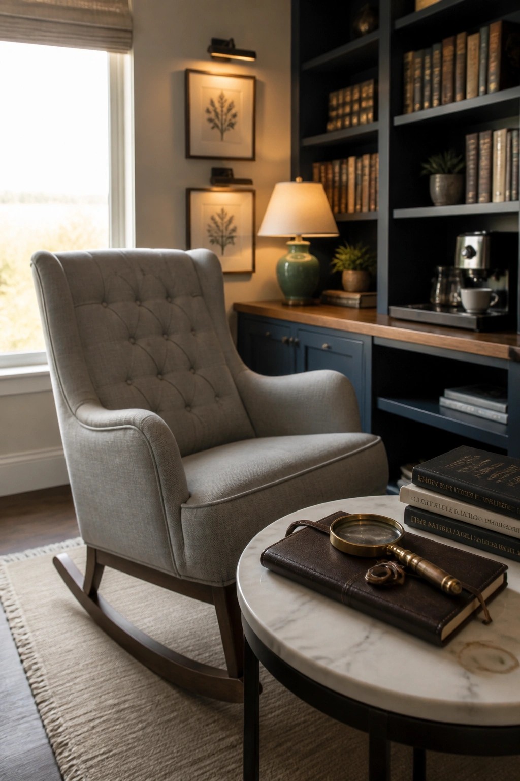 A gray tufted upholstered rocking chair faces dark blue built-in bookshelves, with a round marble table holding stacked books and a brass magnifying glass in the foreground.