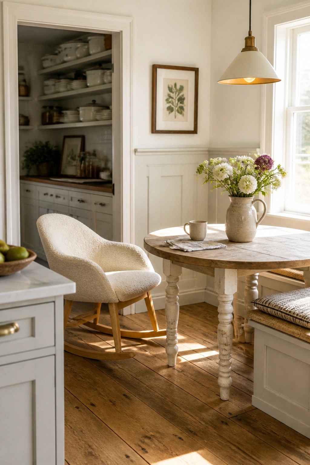 A white upholstered rocking chair positioned beside a round wooden table in a bright kitchen with white cabinetry and open shelving visible in the background.