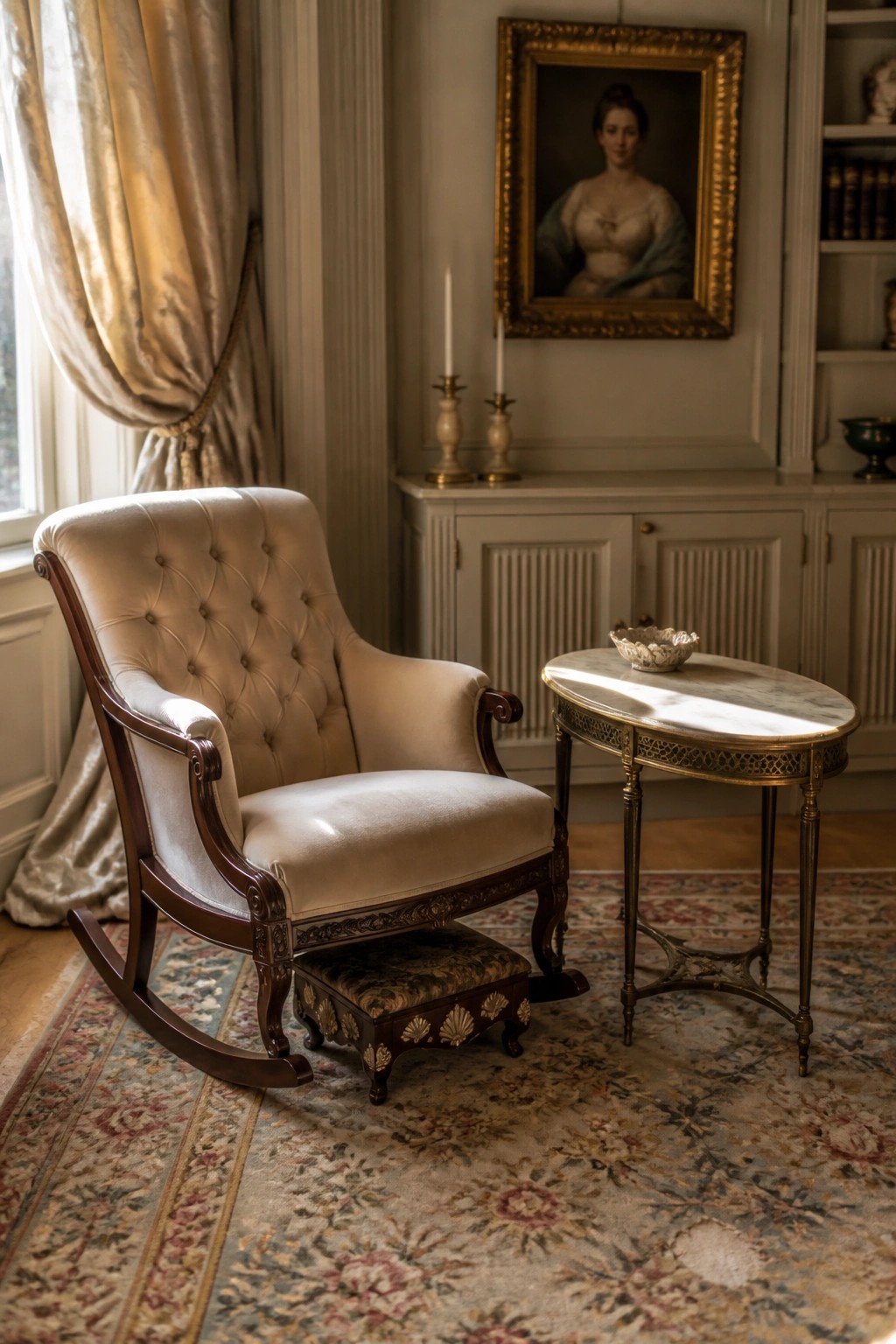 A tufted beige upholstered rocking chair with dark wood frame and matching footstool sits beside a marble-topped oval table on a floral rug in a traditional room with a portrait above a sideboard.