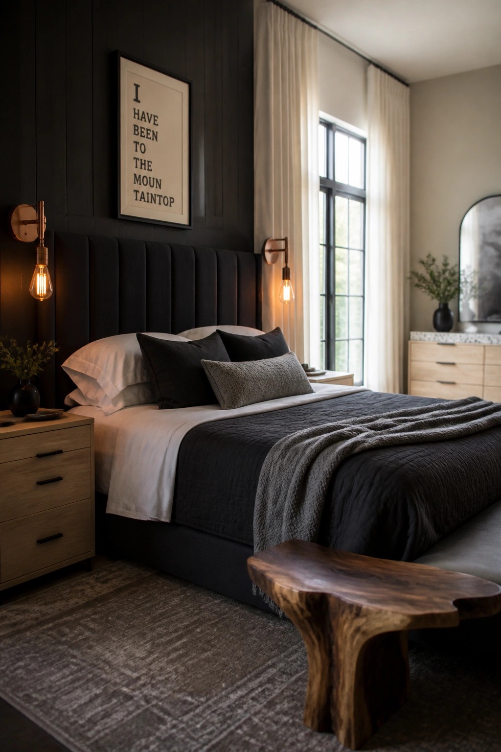 A master bedroom featuring dark paneled walls, a large upholstered bed with white and dark bedding, wooden nightstands, warm wall sconces, and a window with light curtains.