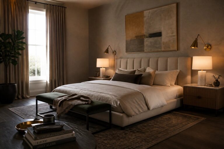 A spacious bedroom with a large upholstered bed centered against a textured wall, flanked by brass wall sconces and topped by a large abstract painting in earth tones, with floor-length beige curtains on the left window.