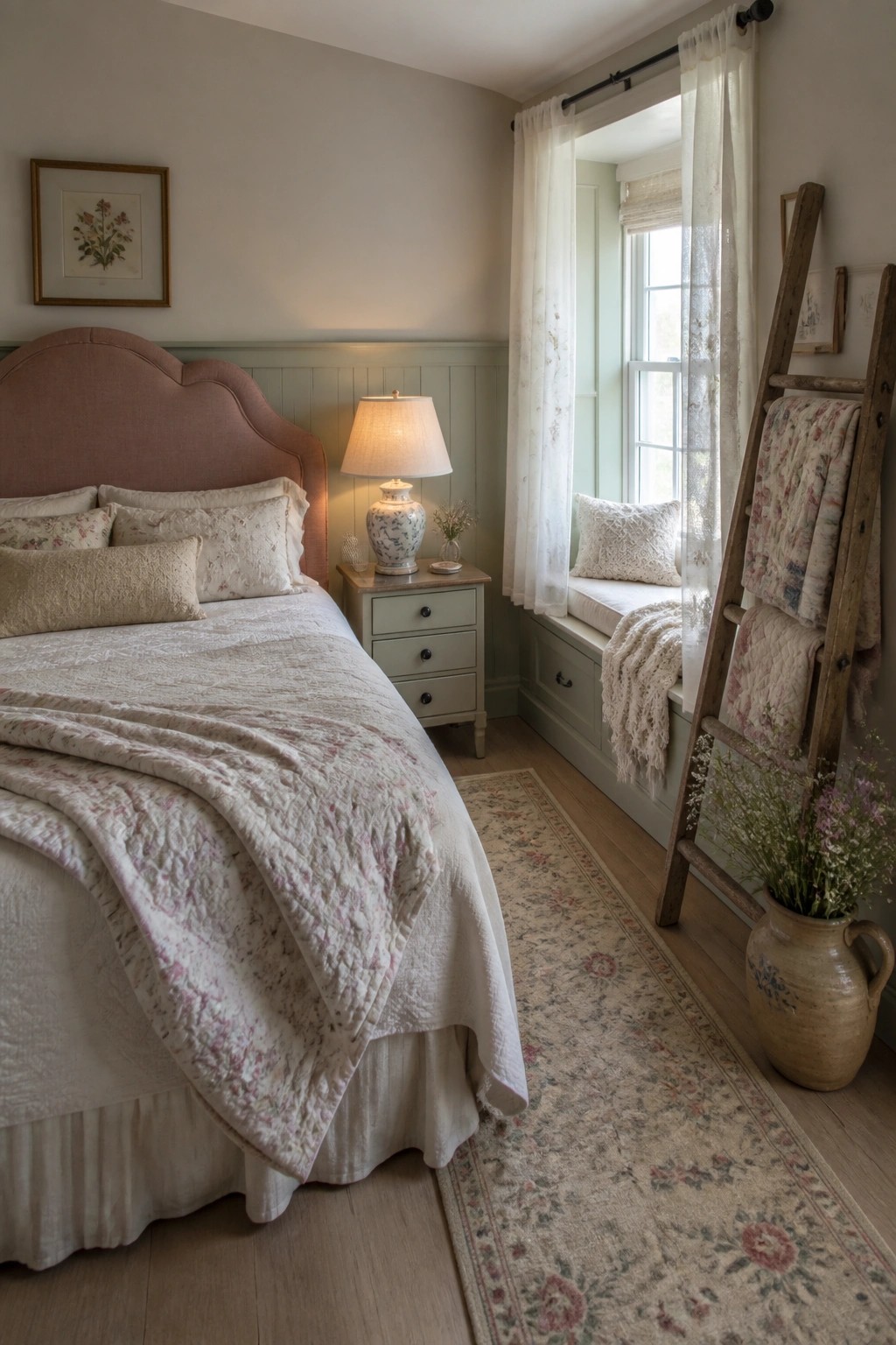 A bedroom featuring a pink upholstered bed with floral bedding, a nightstand with a lit lamp, and a window with sheer curtains and a cushioned seat.