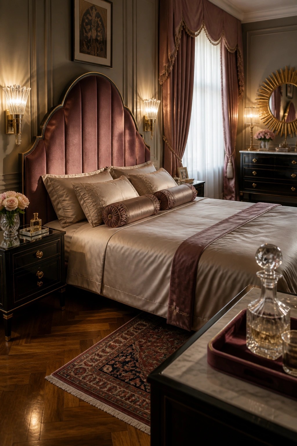 A bedroom with a large curved velvet upholstered headboard in dusty rose, beige satin bedding, wall sconces on either side, and heavy mauve drapes beside a window.