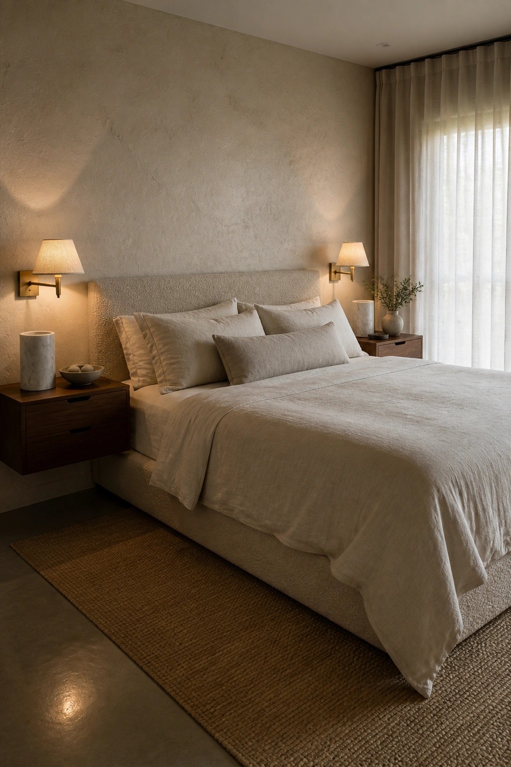Minimalist bedroom with beige linen bedding, bouclé headboard, wall lamps, and jute rug.