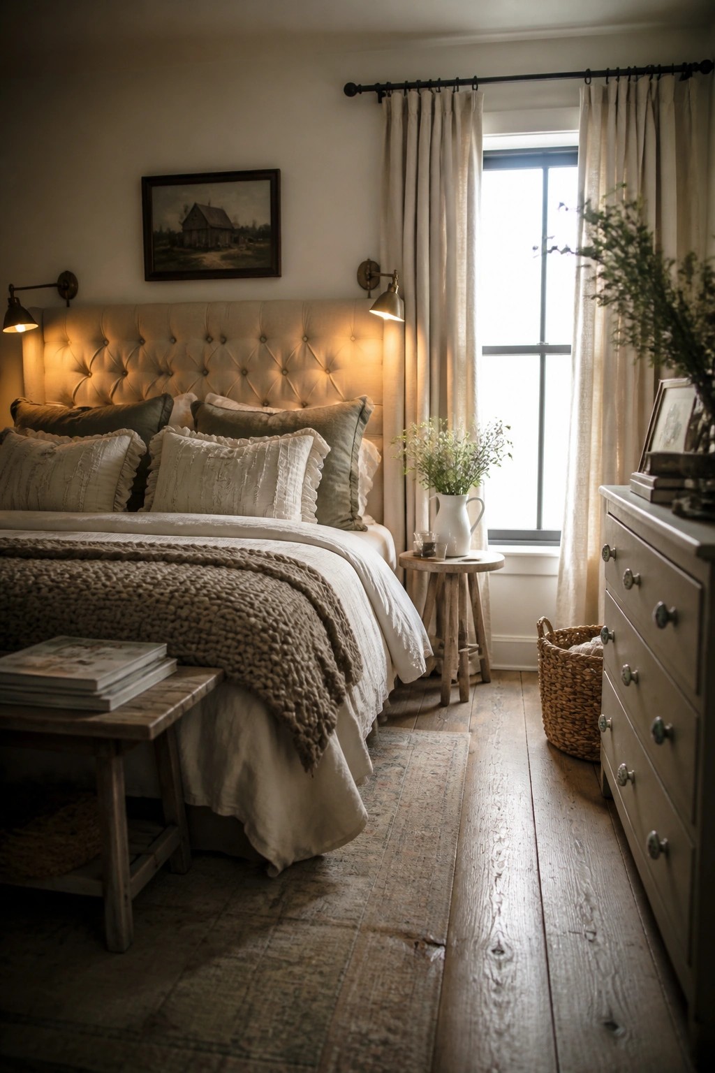 A bedroom with a large tufted upholstered headboard, white and beige bedding, wall sconces, floor-length curtains on a window, and a wooden dresser on the right.
