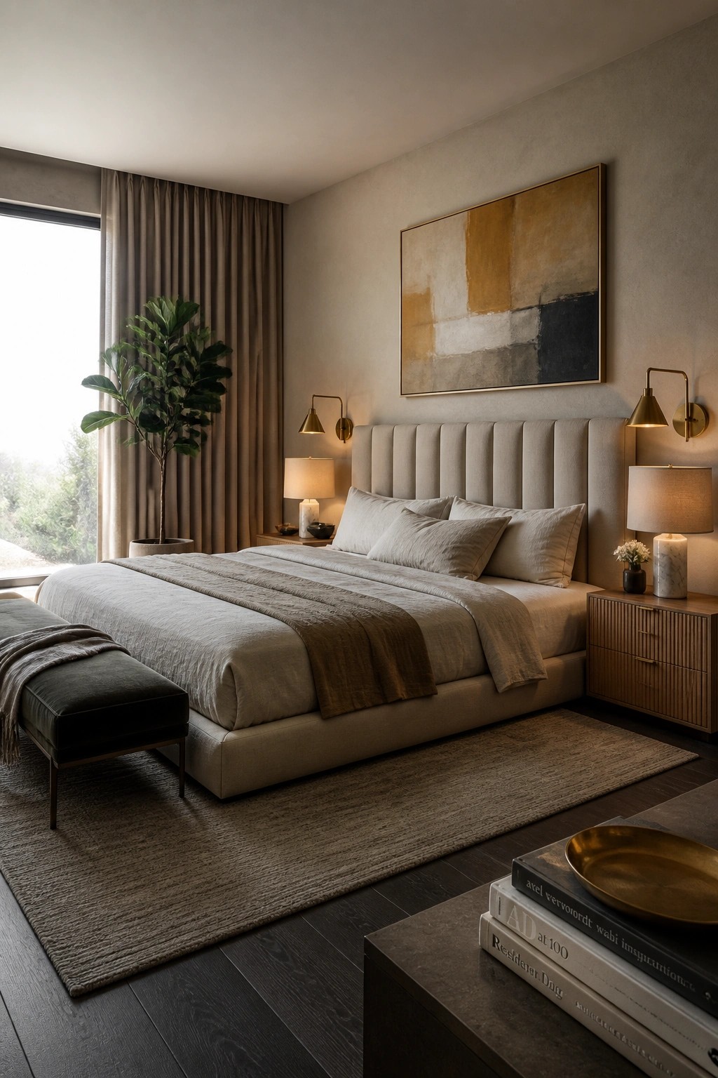 A spacious bedroom with a large upholstered bed centered against a textured wall, flanked by brass wall sconces and topped by a large abstract painting in earth tones, with floor-length beige curtains on the left window.
