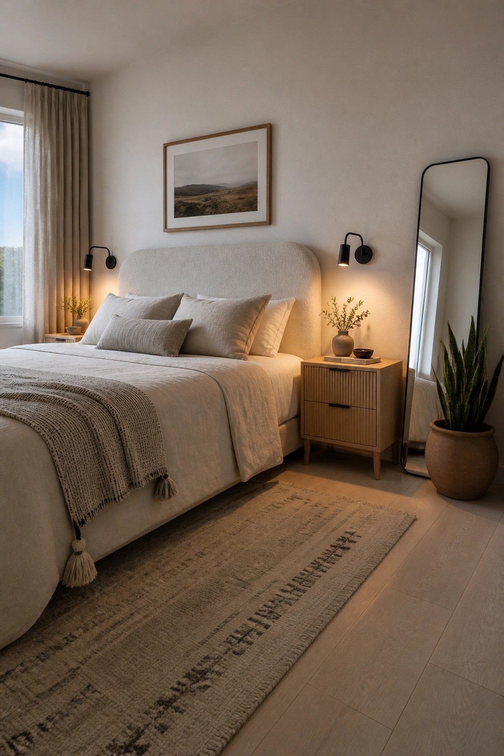 A bedroom with an upholstered bed in neutral tones, two black wall sconces, wooden nightstands, a patterned rug, and a tall mirror on the right.