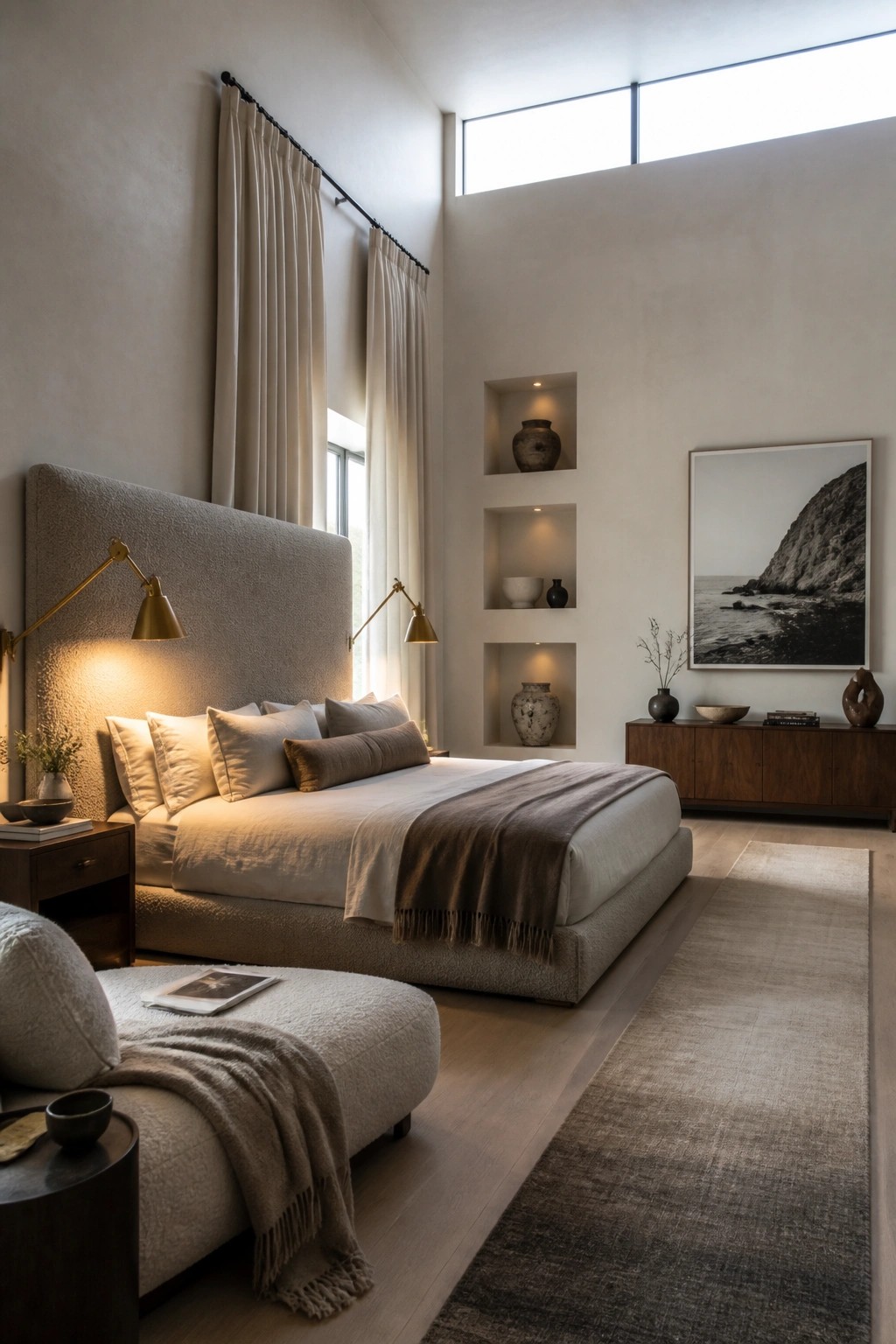 Minimalist bedroom with textured bed, brass lamps, built-in shelves, wooden console, and coastal art