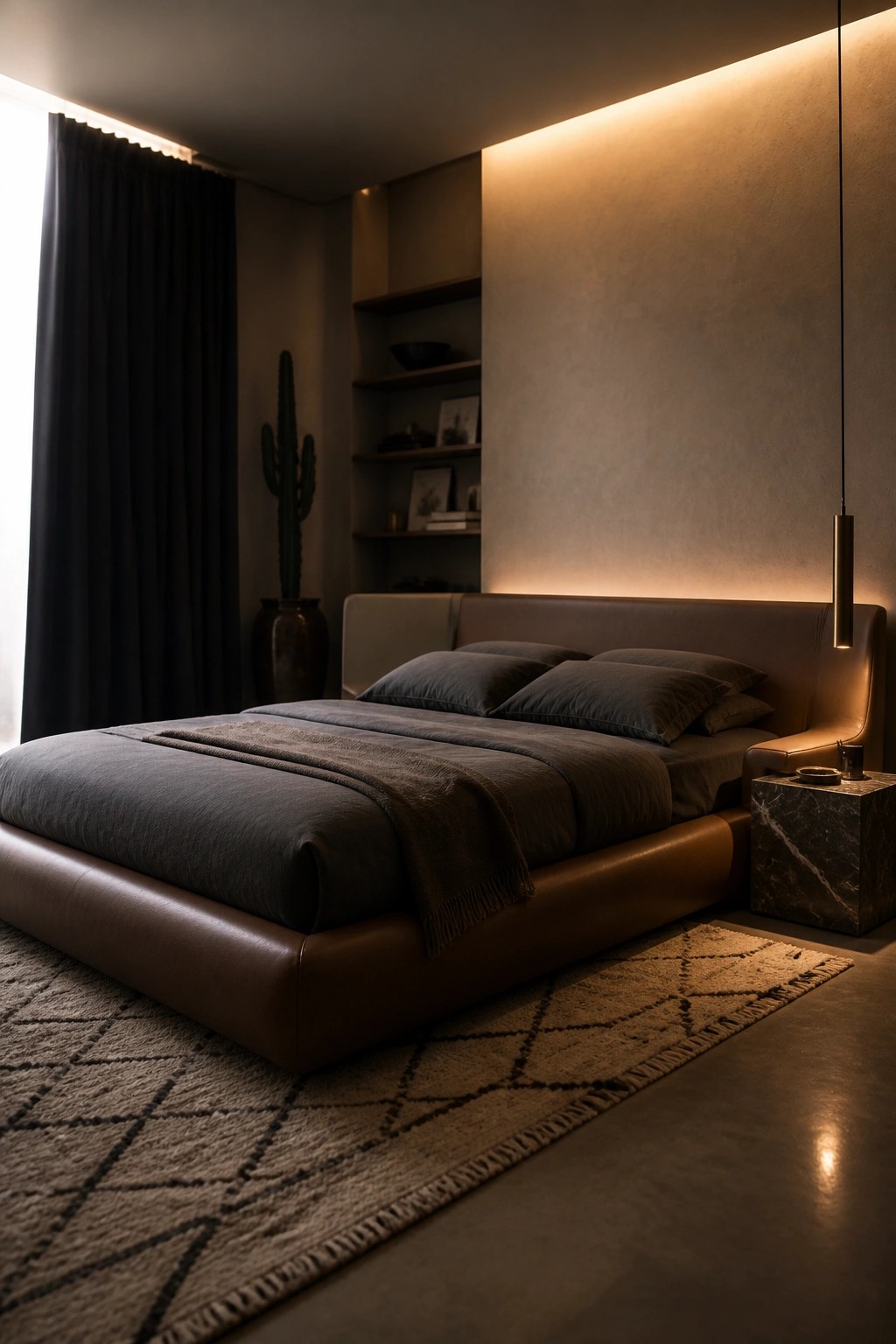 Modern bedroom with brown leather bed, dark linens, marble nightstand, and warm ambient lighting.