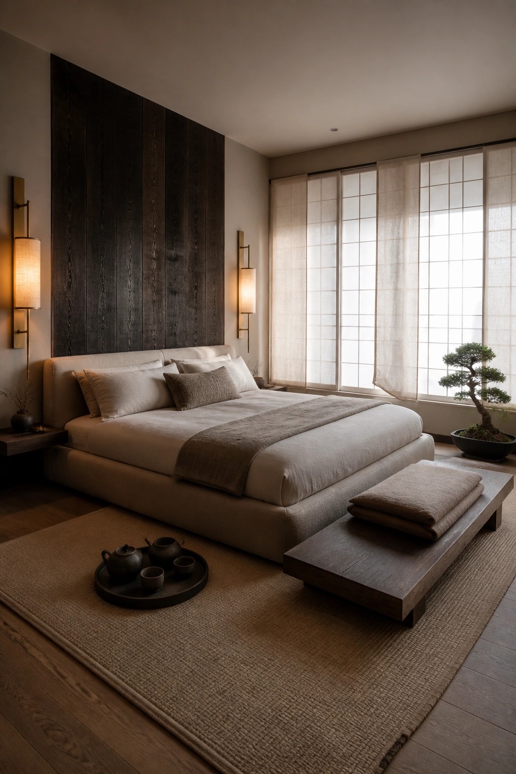 A spacious bedroom with a large upholstered bed centered against a dark wood accent wall, flanked by two lit wall sconces, with a wooden bench and tea set on a rug in front.