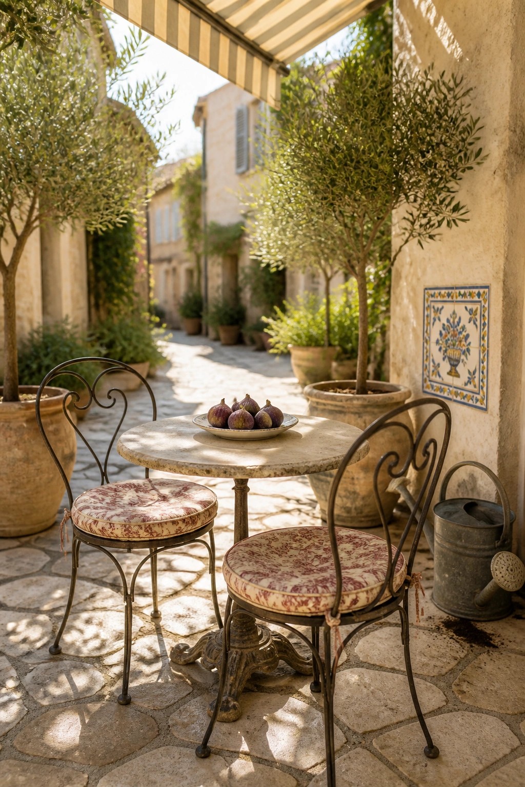 A round stone table with a bowl of figs sits between two wrought iron chairs with patterned cushions on a cobblestone patio surrounded by potted plants and trees.