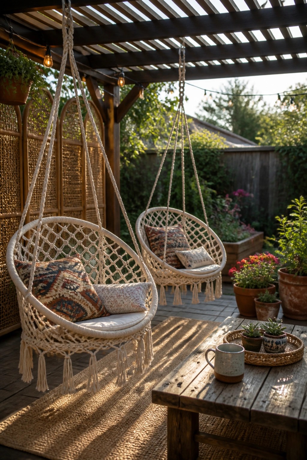 Two white macrame hanging chairs with patterned pillows sit on a wooden patio under a slatted pergola, next to a rustic table with a mug and small plants.