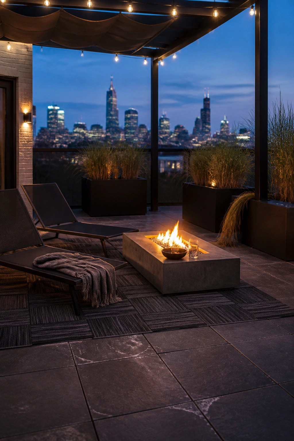 Modern rooftop patio with fire pit, lounge chairs, and glowing city skyline at dusk