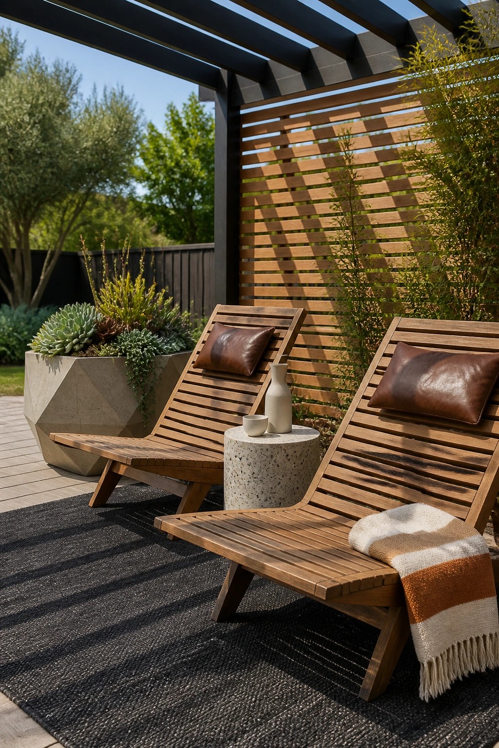 Two wooden lounge chairs with leather cushions and striped blanket on sunny patio rug.
