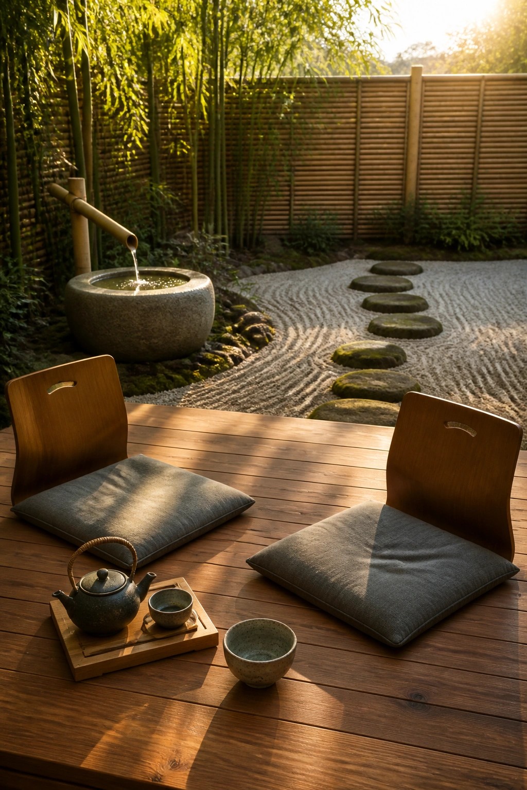 A wooden deck holds two gray floor cushions with wooden backrests, a small teapot and cups on a tray, and a stone water basin beside a raked gravel path with stepping stones.