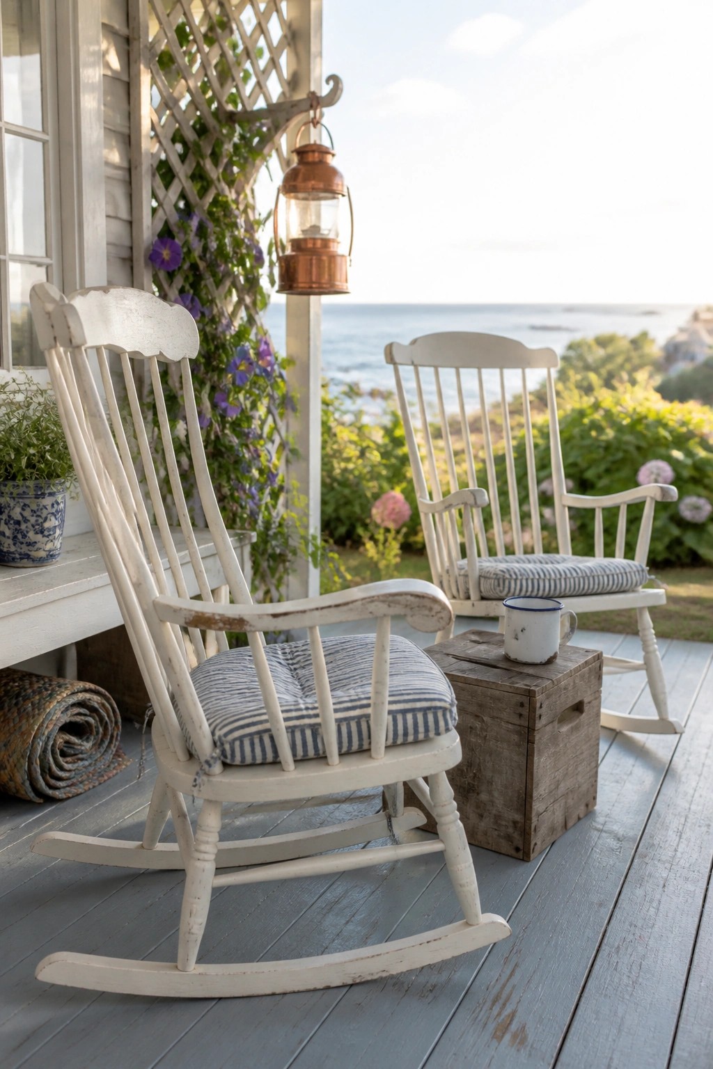 Two white wooden rocking chairs on a gray wooden porch, one with a striped cushion and a mug on a nearby crate, with a copper lantern and ocean view in the background.