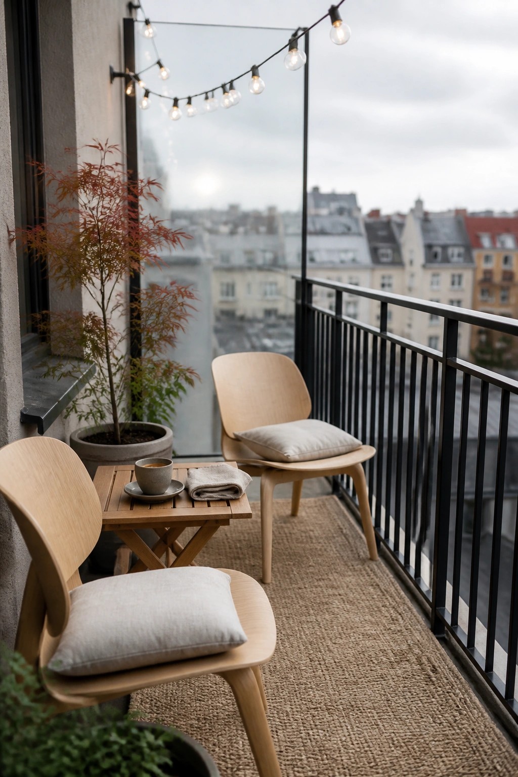 Two light wood chairs with beige cushions sit on a woven rug beside a small wooden table on a city balcony, with a potted plant and string lights visible.