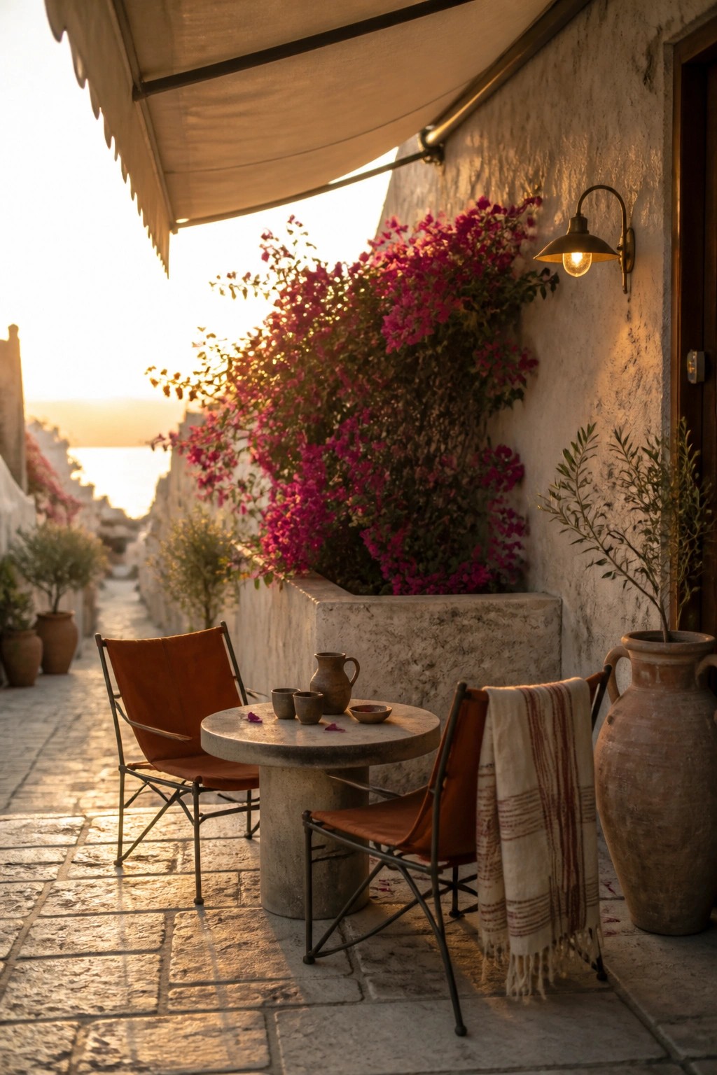 Two brown sling chairs arranged around a round stone table on a paved patio next to a white stucco wall with pink flowers and a lit outdoor lamp.