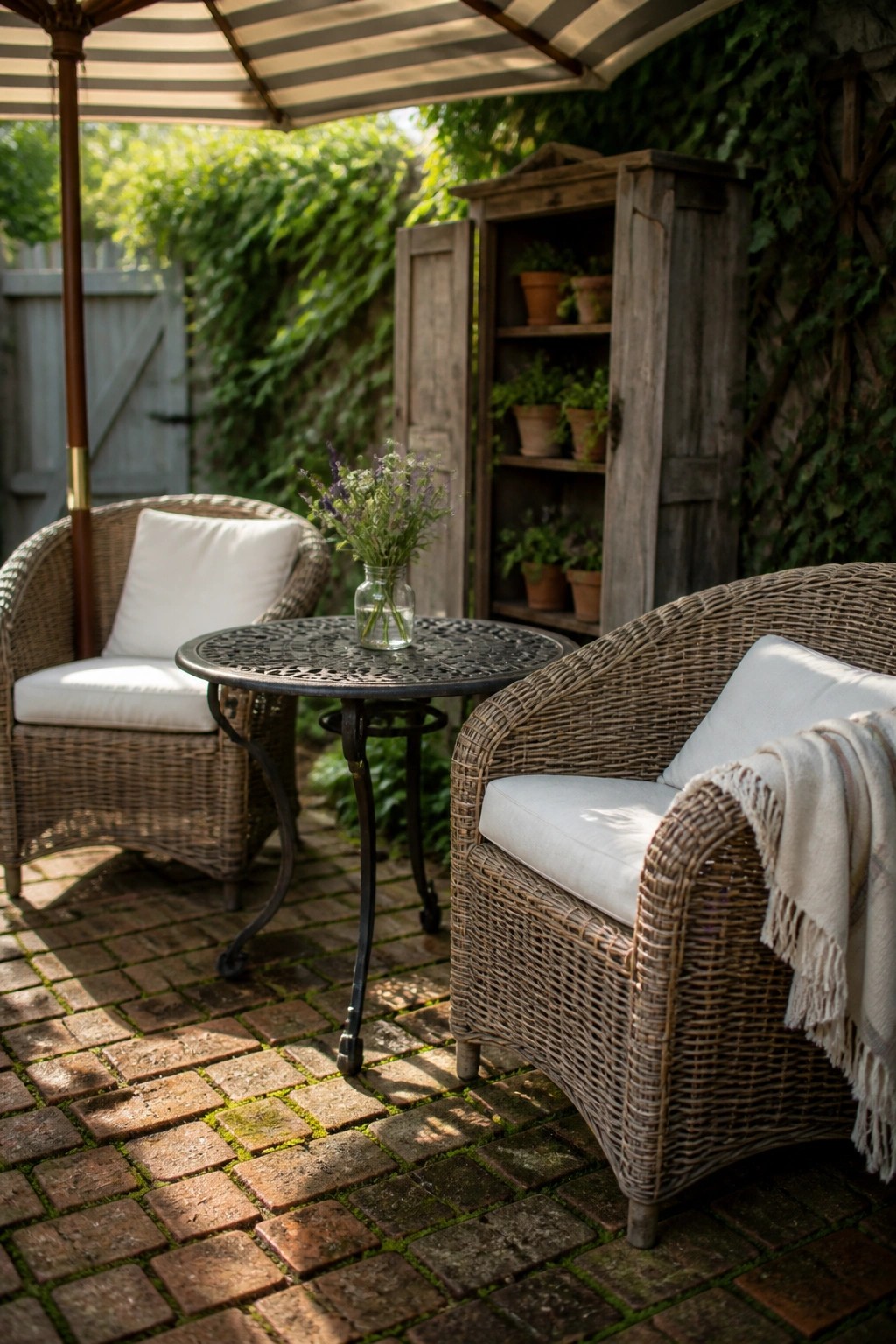 Two wicker armchairs with white cushions sit on a brick patio around a small metal table holding a glass vase of flowers, with a wooden cabinet and green foliage in the background.