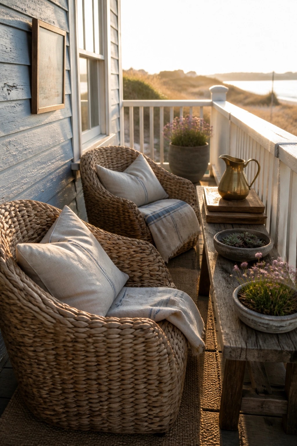 Two woven chairs with cushions and throws sit on a wooden porch beside a bench holding potted plants and a brass pitcher, with a coastal view beyond the railing.