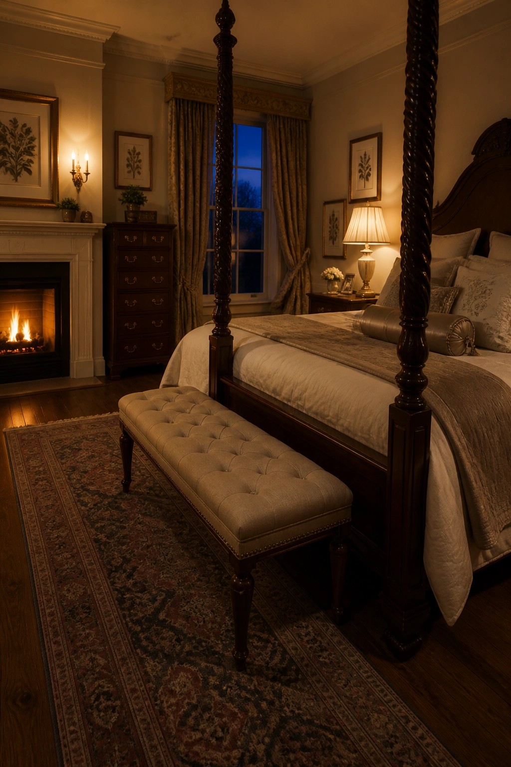 A master bedroom with a dark wood four-poster bed, neutral bedding, a tufted bench at the foot of the bed, a lit fireplace, and a large patterned rug on the floor.