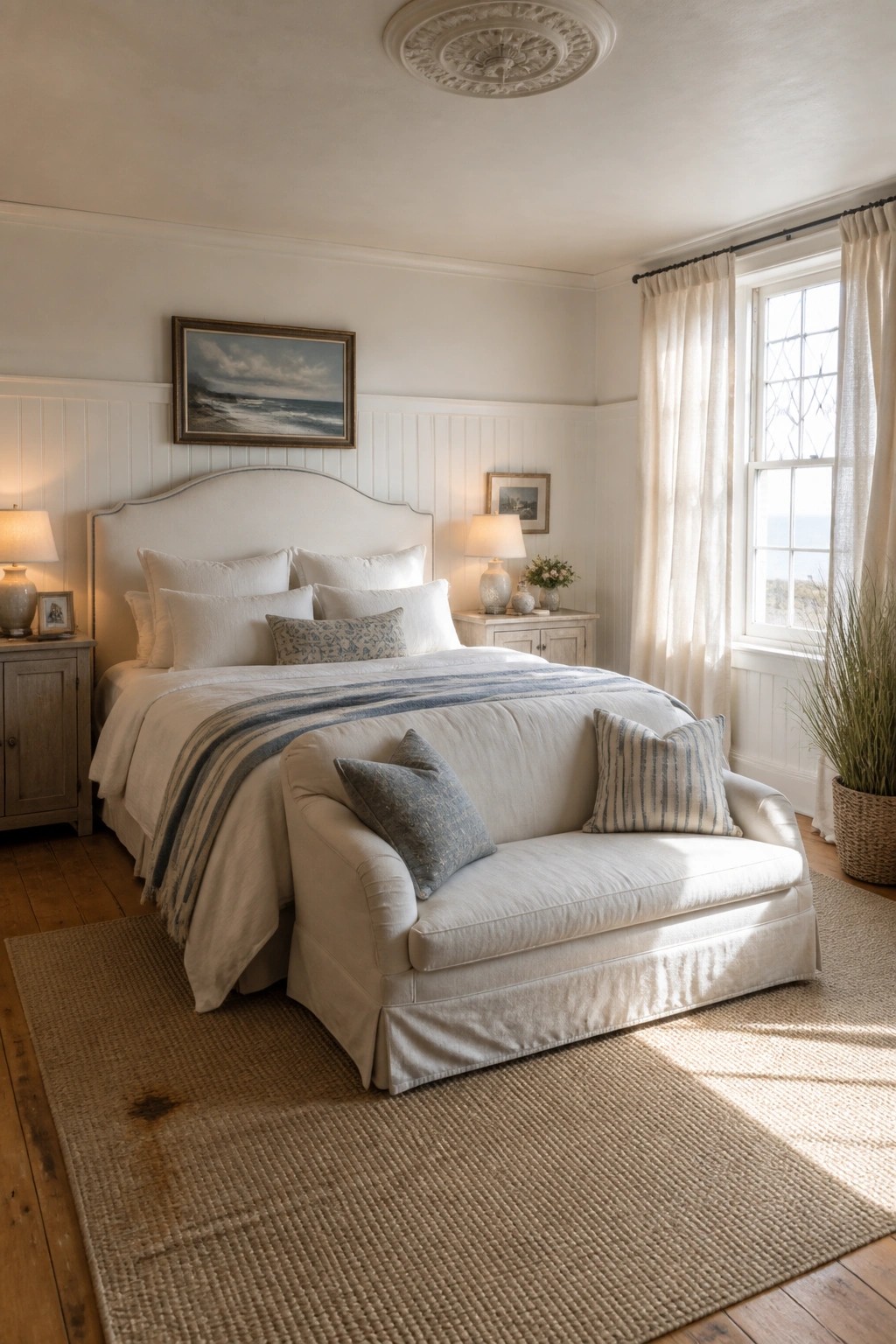 A bright neutral bedroom featuring a white upholstered bed with blue striped accents, a white sofa at the foot of the bed, and a large window with sheer curtains.