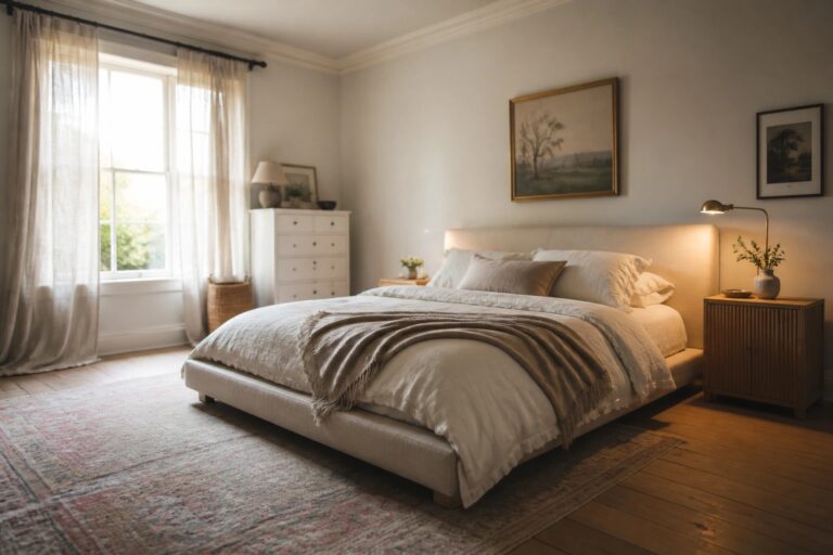 24 Classic Neutral Master Bedroom Ideas That Feel Timeless, Airy, and Relaxed A bedroom with a large bed covered in white and beige linen bedding, a patterned rug on dark wood floors, and sheer curtains over two windows.