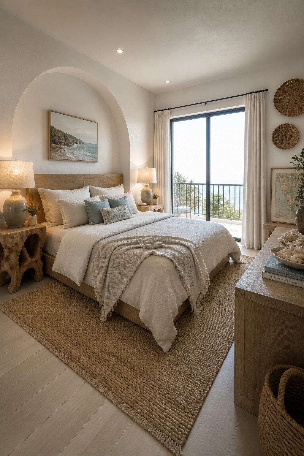 A bedroom featuring a wooden bed with layered white and blue bedding on a large beige woven rug, flanked by wooden nightstands with lamps and a large window with sheer curtains.